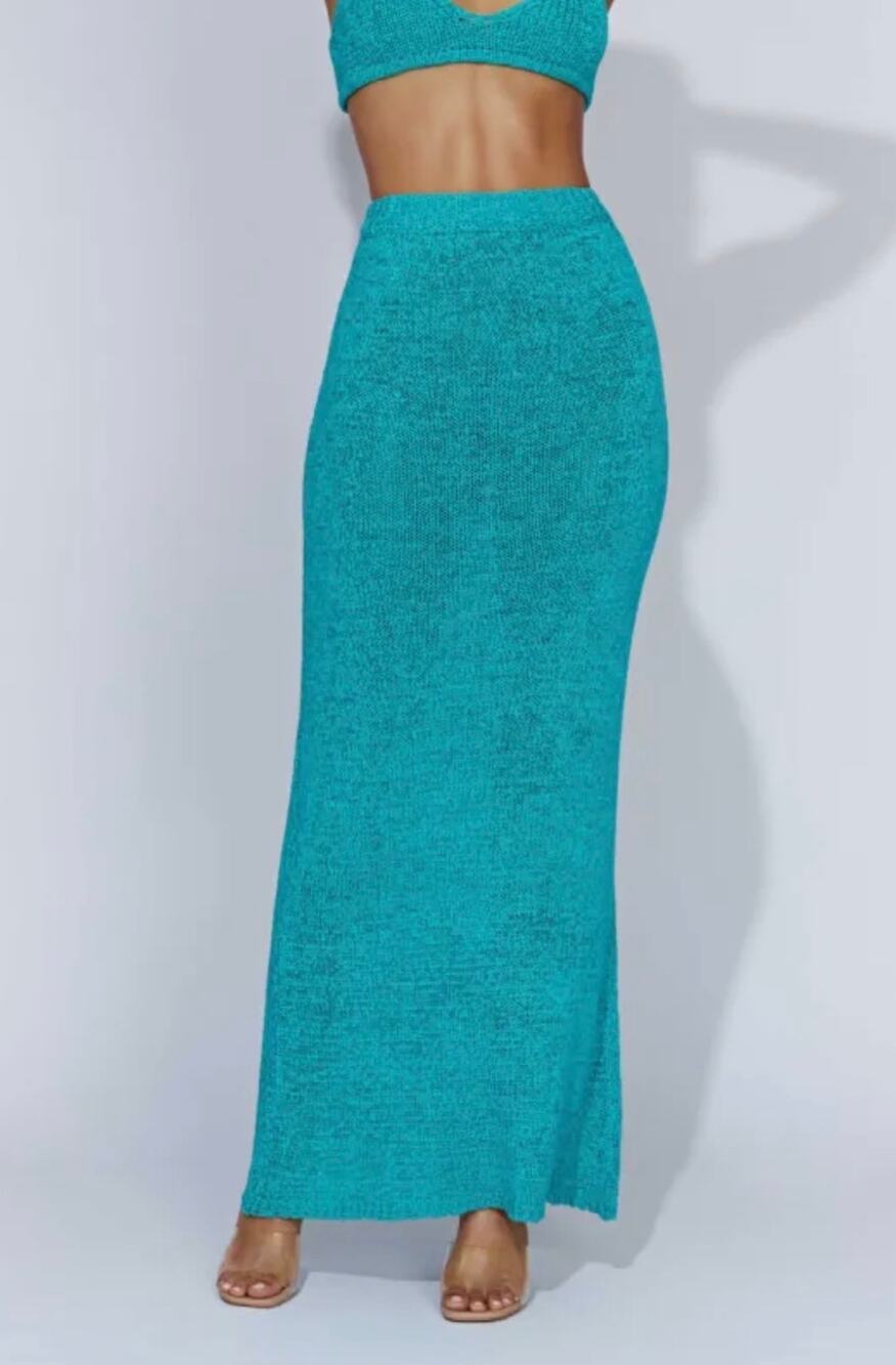 Meshki Womens M Turquoise Blue Knit Maxi Skirt High Waist Stretch Beach Resort